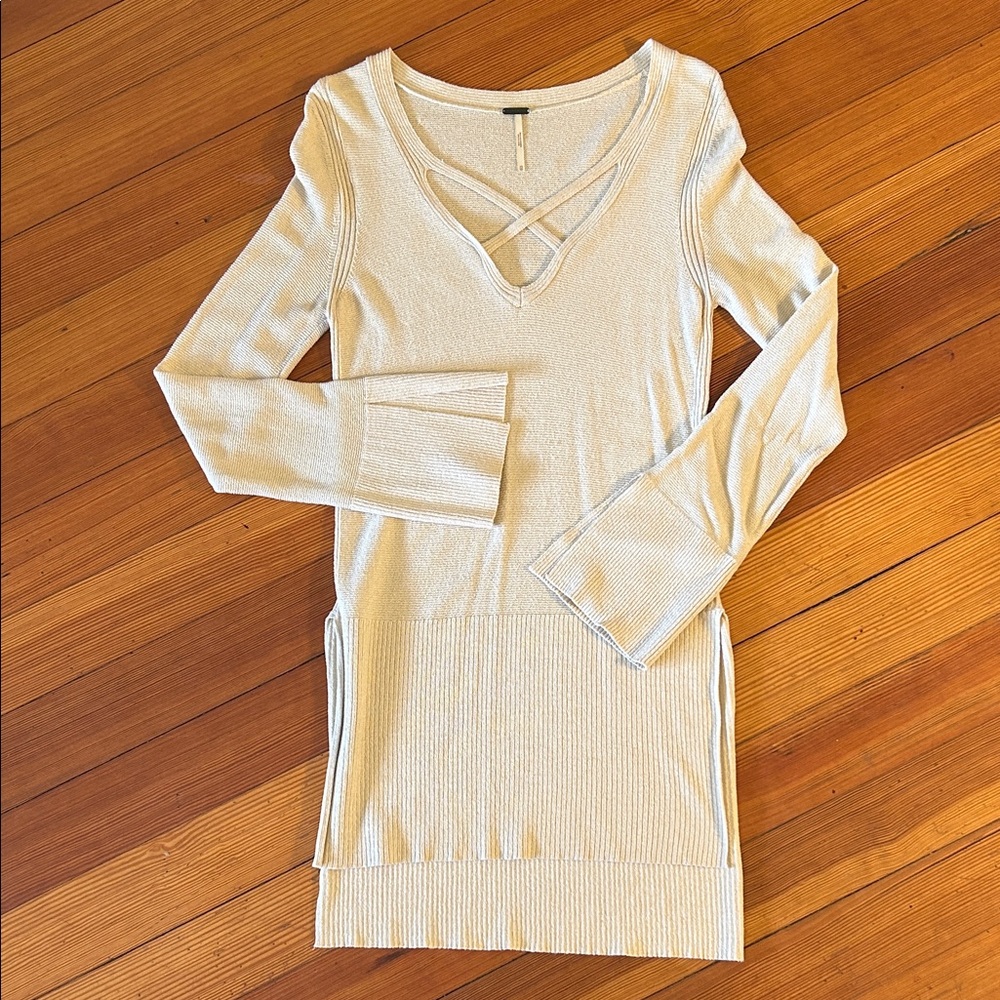 Free People Cream Criss Cross Bell Sleeve Oversized Tunic Sweater